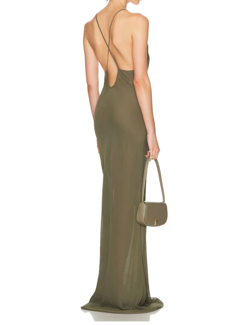 PRISCAVERA Backless Olive Slip Maxi Dress with Cross-Strap Detail